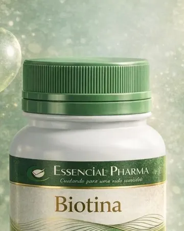 Um pote de biotina com o rótulo da Essencial Pharma.