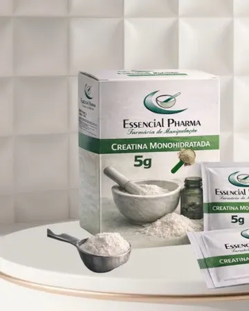 Uma caixa e sachês de creatina com o rótulo da Essencial Pharma.
